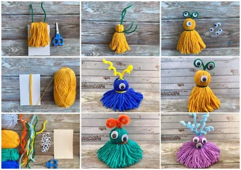 Needlework step by step, collage how to make a monster out of colored yarn. Stock Photos