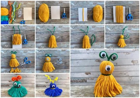 Needlework step by step, collage how to make a monster out of colored yarn. Stock-Fotos