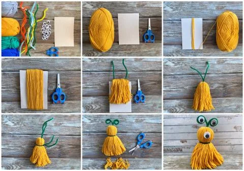 Needlework step by step, collage how to make a monster out of colored yarn. Stock Photos
