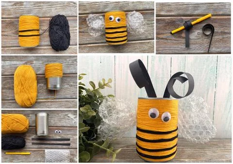 Needlework step by step, how to make a bee stand from yarn and a steel jar. Stock Photos
