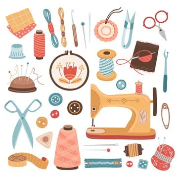 Needlework tools. Craft hobby, sew knitting embroidery supplies. Thread, yarn イラスト素材