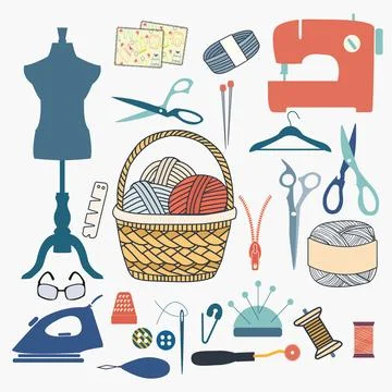 Needlework tools. Craft hobby, sew knitting embroidery supplies. Stock Illustration