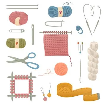 Needlework, tools for sewing and knitting. Crafting hobby. Knitting collectio Stock Illustration