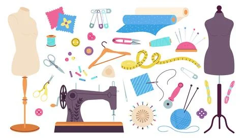 Needlework tools. Tailoring tools and equipment, hand crafting elements. Sewing Illustrazione stock