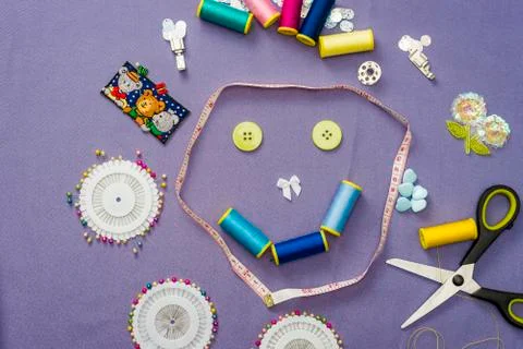 Needlework top view of workshop with needlework details and tools mock-up Stock Photos