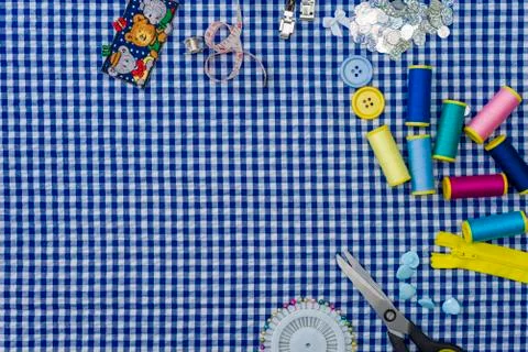 Needlework top view of workshop with needlework details and tools mock-up Stock Photos