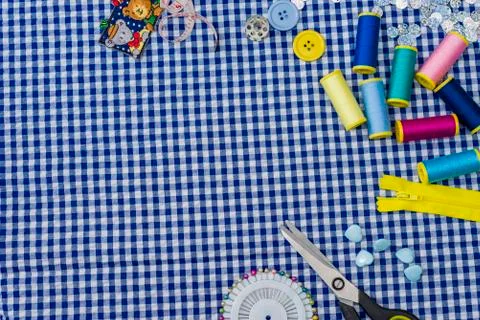 Needlework top view of workshop with needlework details and tools mock-up Stock Photos