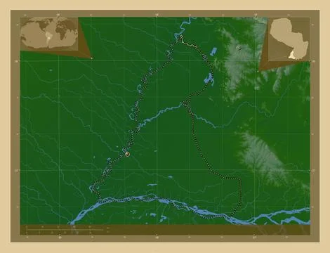 Neembucu, Paraguay. Colored elevation map with lakes and rivers イラスト素材