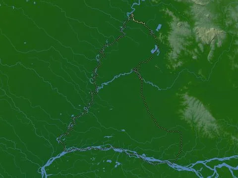Neembucu, Paraguay. Colored elevation map with lakes and rivers Ilustración de archivo