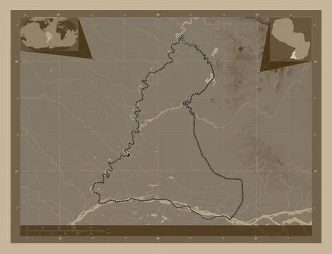 Neembucu, Paraguay. Elevation map colored in sepia tones with lakes and river 库存插图