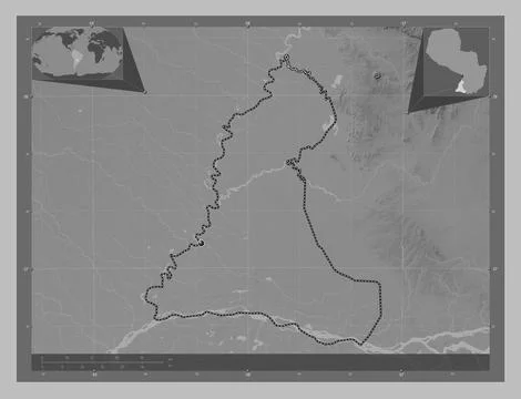 Neembucu, Paraguay. Grayscale elevation map with lakes and rivers Ilustración de archivo