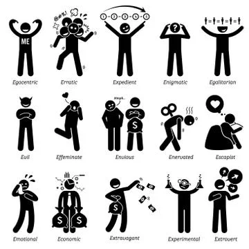 Negative and Neutral Personalities Character Traits. Stick Figures Man Icons. St Stock Illustration