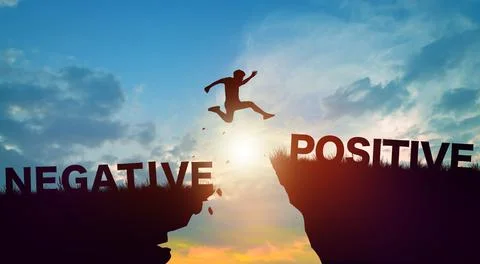 Negative and Positive wording on cliffs with sunrise. Positive Thinking Conce Stock Illustration