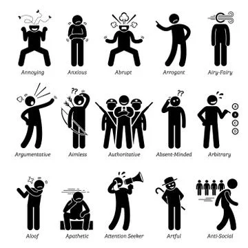 Negative Bad Personalities Character Traits. Stick Figures Man Icons. Starting w Stock Illustration