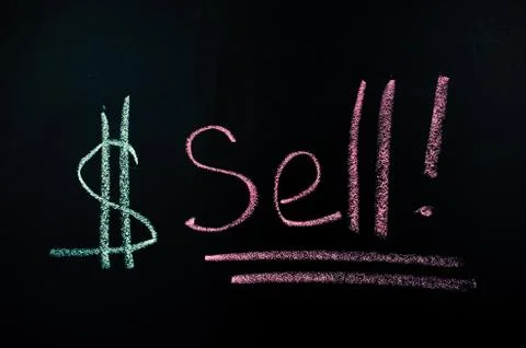 Negative chart in the red zone on the chalkboard. SELL inscription Stock Illustration
