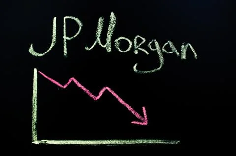 Negative chart in the red zone on the chalkboard. JP Morgan inscription Stock Illustration
