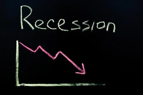 Negative chart in the red zone on the chalkboard. RECESSION inscription Stock Illustration