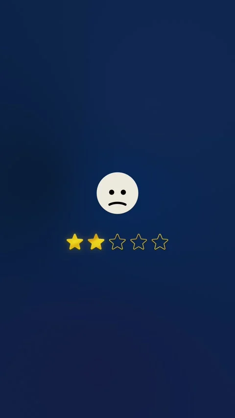 Negative customer review animation, two glowing stars out of five with sad fa Видео 331017785