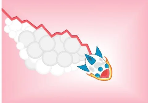 Negative decreasing growth chart with cartoon rocket falling down Stock Illustration