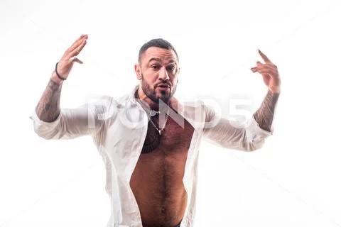 Negative emotions. sport and fitness, health. sexy abs of tattoo man. male Stock Photos