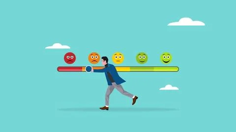 Negative feedback illustration with man pushing rating bar to dissatisfacti.. 库存插图