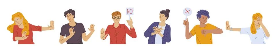 Negative gestures of body language flat vector illustration isolated on white. Stock Illustration