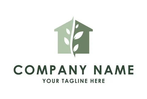 Negative Green Leaf House Logo Design	 Stock Illustration