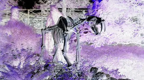 Negative image - Artificial statue of extinct predator smilodon situated at Stock Photos