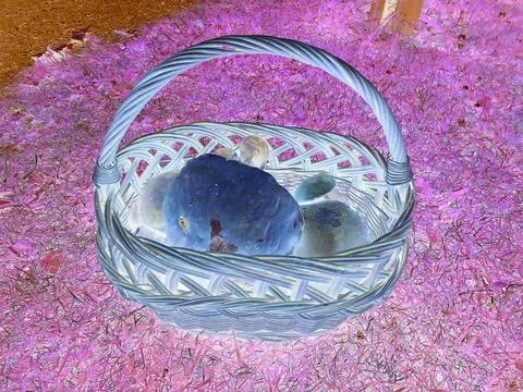 Negative image - Distant view on a basket full of giant leccinum mushrooms and Stock Photos