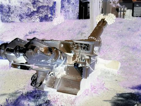 Negative image - Large white coal mining machine in Landek outdoor museum of Stock Photos