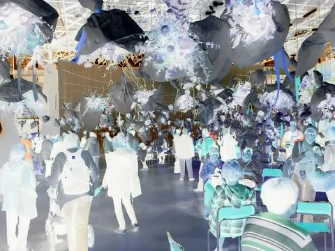 Negative image - Multiple bouquets in white paper hanging from the ceiling over Stock Photos