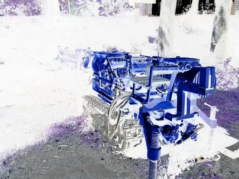 Negative image - Old yellow machine used for mining coal, partly hidden in deep Stock Photos