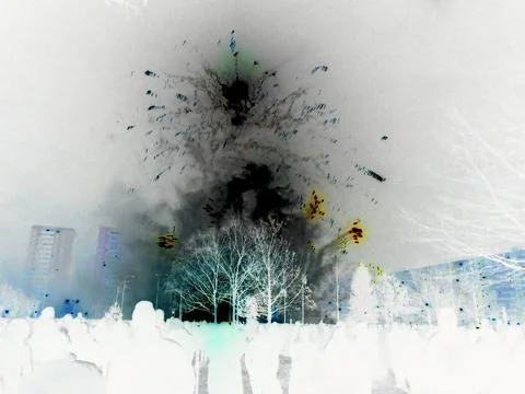 Negative image - White smoke explosion of fireworks on New Year Eve. Stock Photos