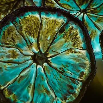Negative inversion of a cutaway closeup of a lemon Foto stock