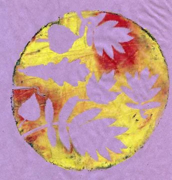 Negative leaf prints on colored background in circle shape, abstract background イラスト素材