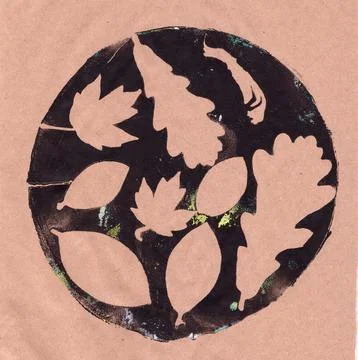 Negative leaf prints on colored background in circle shape, abstract background Illustrazione stock