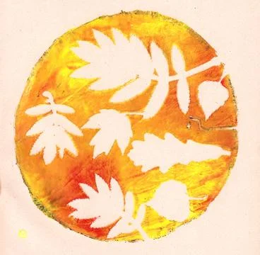 Negative leaf prints on colored background in circle shape, abstract background イラスト素材