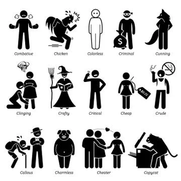Negative Personalities Character Traits. Stick Figures Man Icons. Starting with  Stock-Illustration
