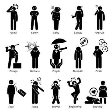 Negative Personalities Character Traits. Stick Figures Man Icons. Starting with  Stock Illustration