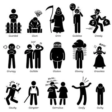 Negative Personalities Character Traits. Stick Figures Man Icons. Starting with  Illustrazione stock