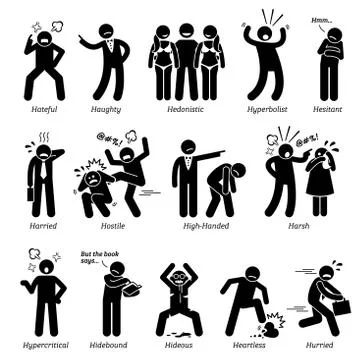 Negative Personalities Character Traits. Stick Figures Man Icons. Starting with  Illustrazione stock