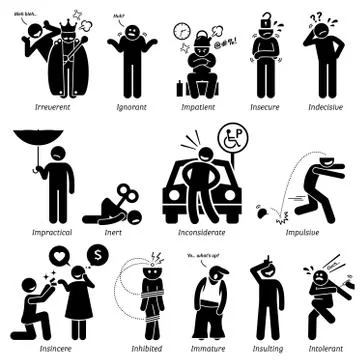 Negative Personalities Character Traits. Stick Figures Man Icons. Starting with  Stock Illustration