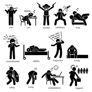 Negative Personalities Character Traits. Stick Figures Man Icons. Starting with  Stock Illustration