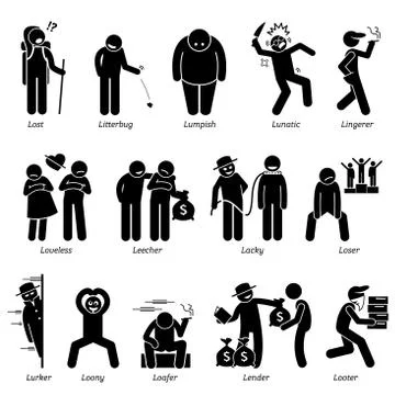 Negative Personalities Character Traits. Stick Figures Man Icons. Starting with  Stock Illustration