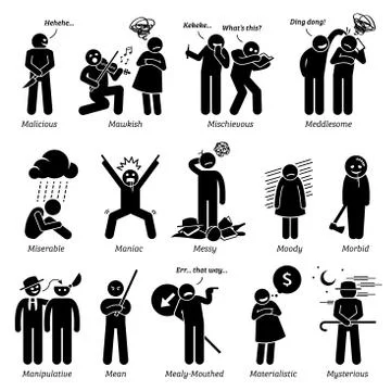 Negative Personalities Character Traits. Stick Figures Man Icons. Starting with  Stock-Illustration