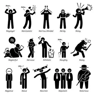 Negative Personalities Character Traits. Stick Figures Man Icons. Starting with  Stock Illustration