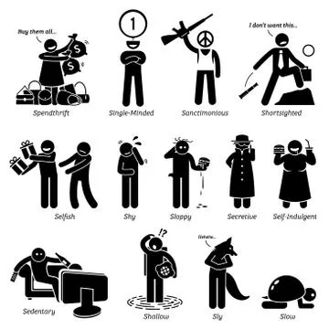 Negative Personalities Character Traits. Stick Figures Man Icons. Starting with  Stock Illustration