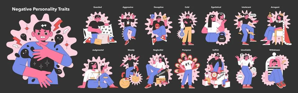 Negative Personality Traits set. Flat vector illustration. イラスト素材