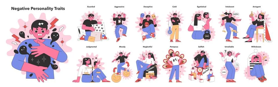 Negative Personality Traits set. Flat vector illustration. イラスト素材