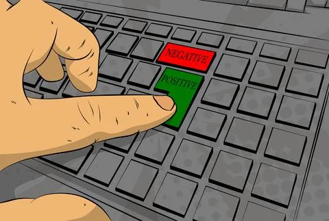Negative, positive words on computer keyboard. Man push keypad on laptop. Com イラスト素材